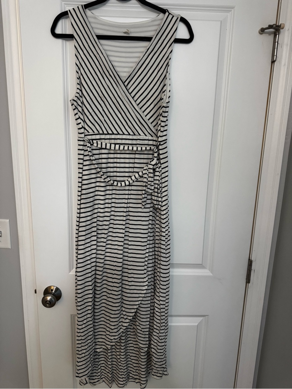 Pinkblush Black & White Striped Wrap Maternity Hi Low Maxi Dress with Waist Tie